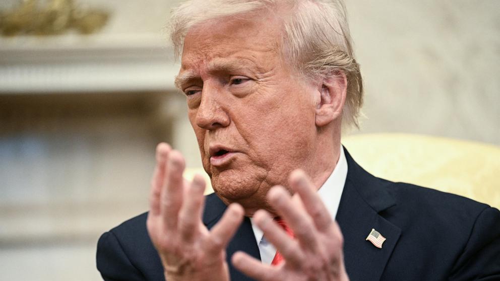 PHOTO: President Donald Trump speaks during a meeting with El Salvador's President Nayib Bukele in the Oval Office of the White House in Washington, April 14, 2025.