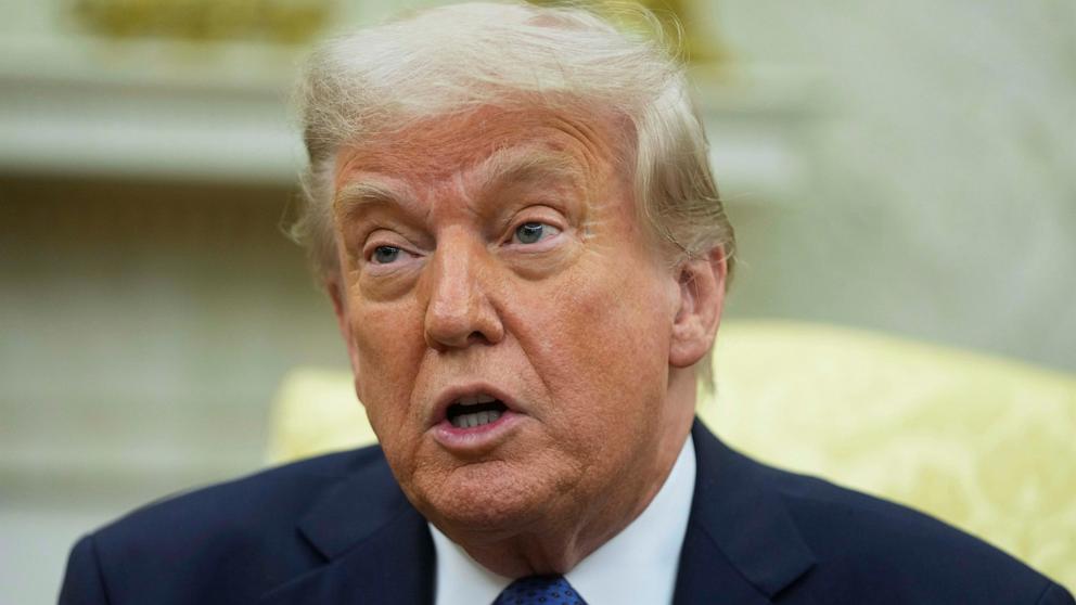 PHOTO: President Donald Trump delivers remarks during a meeting with Norway's Prime Minister Jonas Gahr Store in the Oval Office at the White House, April 24, 2025 in Washington.