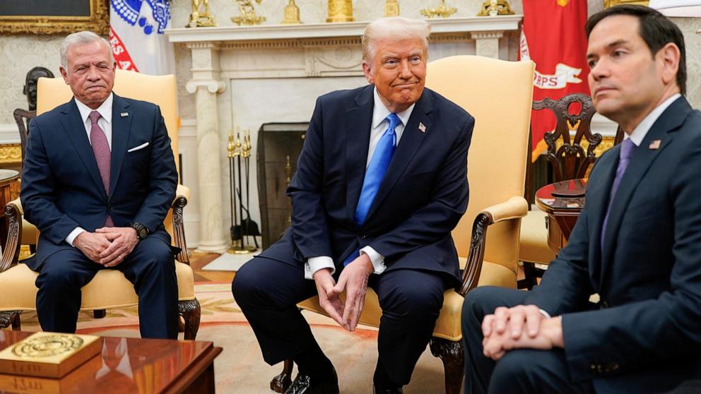 PHOTO: President Donald Trump, Secretary of State Marco Rubio and Jordan's King Abdullah attend a meeting in the Oval Office at the White House in Washington, Feb. 11, 2025.