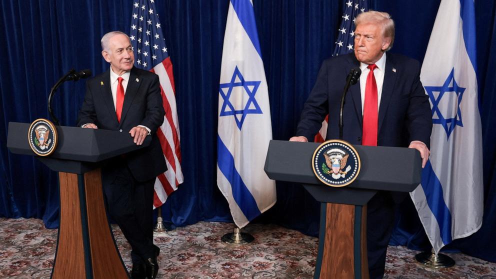 PHOTO: President Donald Trump and Israeli Prime Minister Benjamin Netanyahu hold a press conference after meeting at Trump's Mar-a-Lago club in Palm Beach, Fla., December 29, 2025.