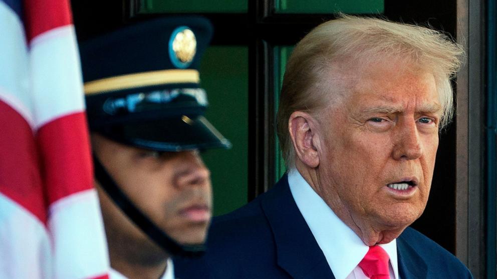PHOTO: President Donald Trump waits for the arrival of Irish Taoiseach Micheal Martin at the White House, Washington, Mar. 12, 2025.