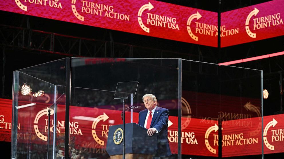 PHOTO: President Donald Trump speaks during the public memorial service for right-wing activist Charlie Kirk in Glendale, Arizona, September 21, 2025.