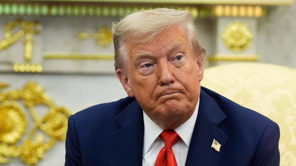 PHOTO: President Donald Trump speaks to the press during a bilateral meeting with South Korean President Lee Jae Myung in the Oval Office of the White House in Washington, August 25, 2025.