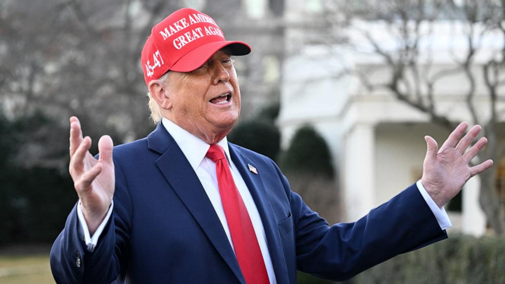 PHOTO:President Donald Trump speaks to reporters as he prepares to depart the White House in Washington, Feb. 28, 2025, to his Mar-a-Lago resort in Palm Beach, Florida.