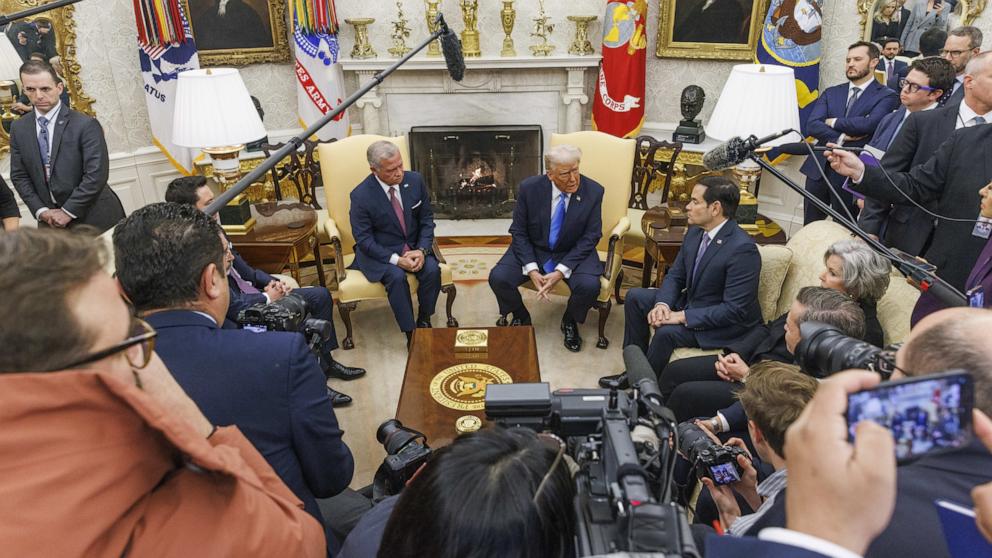 PHOTO: President Donald Trump speaks during a meeting with Jordan's King Abdullah II in the Oval Office at the White House, Feb. 11, 2025, in Washington.