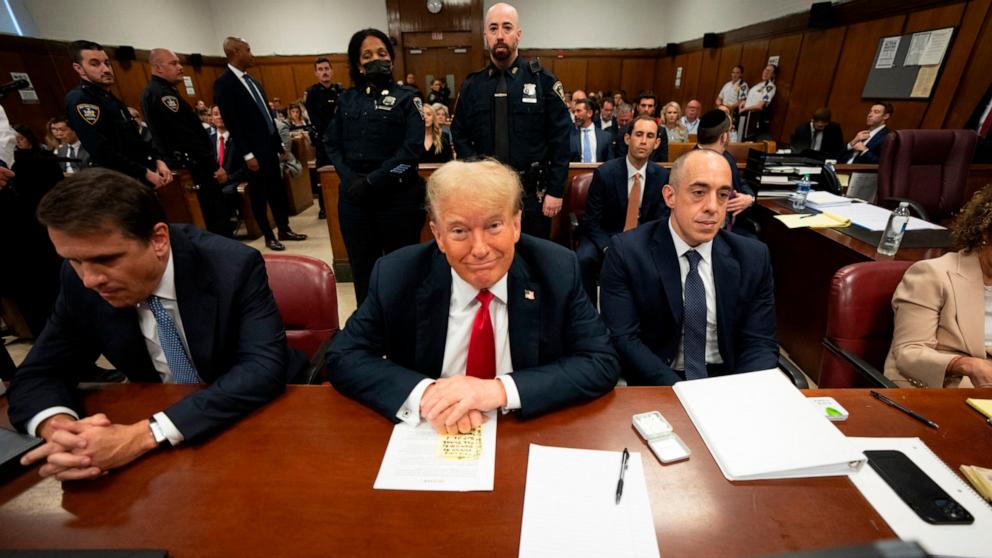 PHOTO: Former President and Republican presidential candidate Donald Trump sits in court during his trial for allegedly covering up hush money payments at Manhattan Criminal Court in New York City, May 28, 2024.