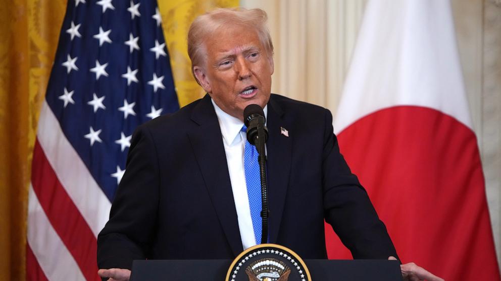 PHOTO: President Donald Trump speaks during a joint press conference with Japanese Prime Minister Shigeru Ishiba in the East Room at the White House, Feb. 7, 2025 in Washington.