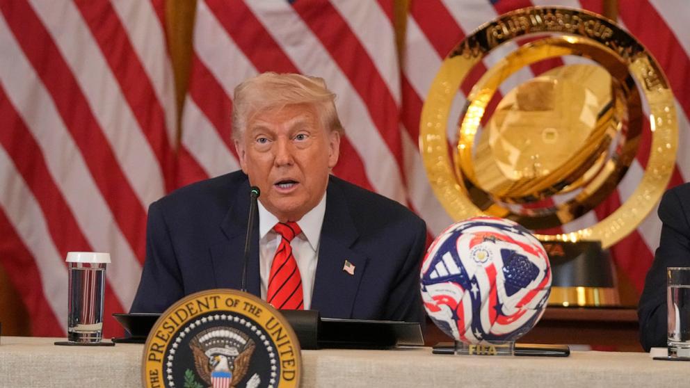 PHOTO: President Donald Trump speaks during a FIFA task force meeting in the East Room of the White House, May 6, 2025, in Washington.