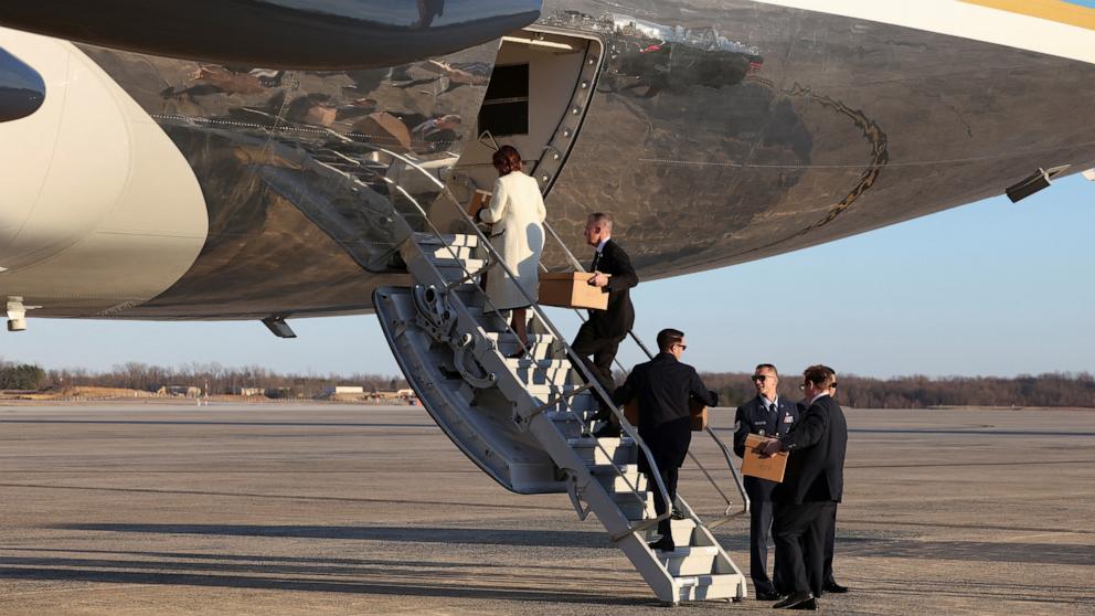 PHOTO: Boxes of documents, returned from FBI, are loaded onto Air Force One President Donald Trump departs to Florida from Joint Base Andrews in Maryland, Feb. 28, 2025.