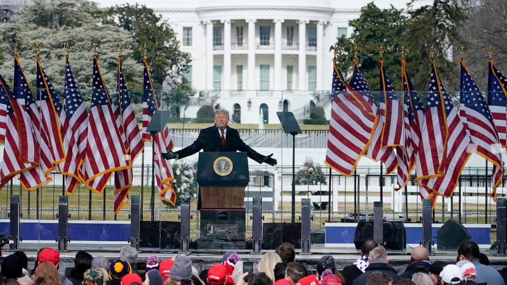PHOTO: With the White House in the background, President Donald Trump speaks at a rally in Washington, Jan. 6, 2021.