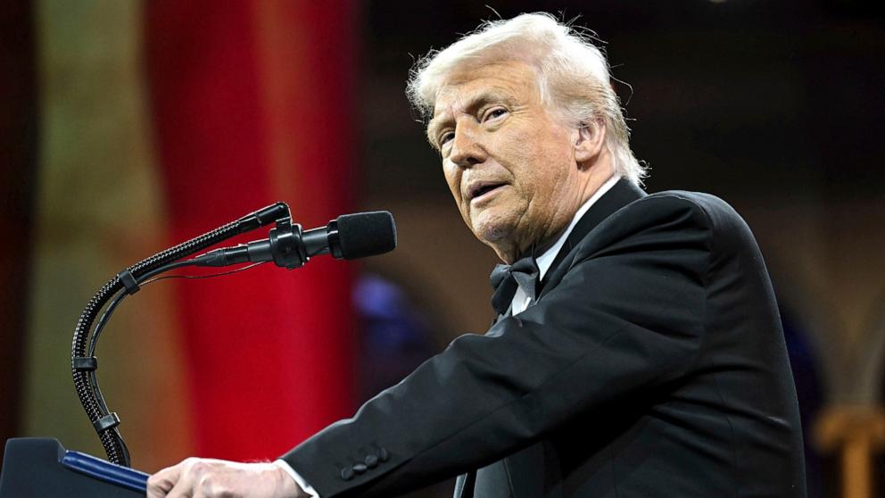 PHOTO: President Donald Trump speaks at the National Republican Congressional Committee dinner in Washington, April 8, 2025.