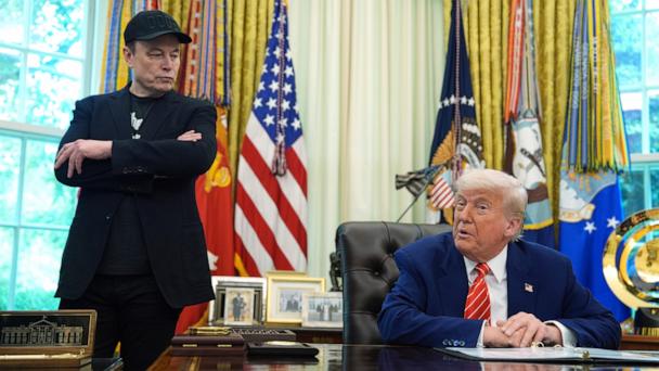 President Donald Trump, right, speaks during a news conference with Elon Musk in the Oval Office of the White House, May 30, 2025, in Washington. 