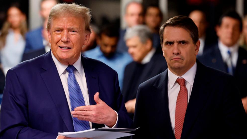 PHOTO: Former President Donald Trump speaks after exiting the courtroom alongside his attorney Todd Blanche during his hush money trial at Manhattan Criminal Court, May 20, 2024, in New York City. 
