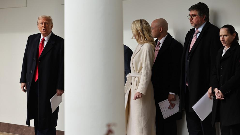 PHOTO: President Donald Trump speaks to the press at the White House after attending the National Prayer Service at the Washington National Cathedral in Washington, Jan. 21, 2025.