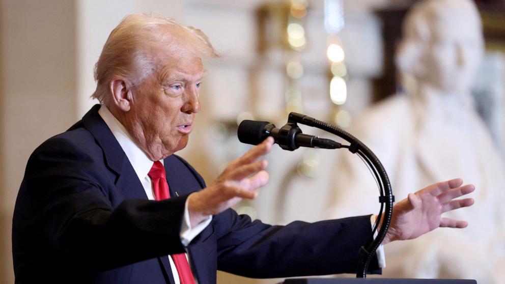 PHOTO: President Donald Trump speaks during the annual National Prayer Breakfast at the U.S. Capitol in Washington, Feb. 6, 2025. 