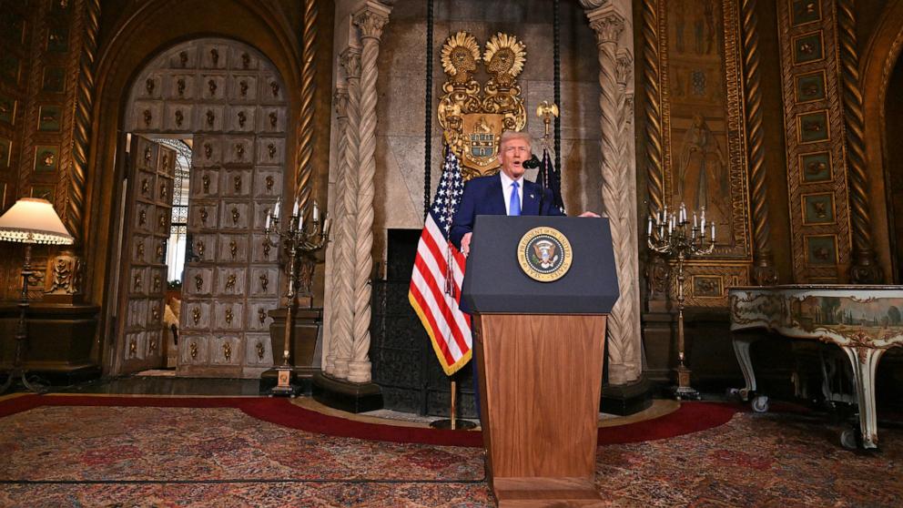 PHOTO: President Donald Trump speaks to the media at Mar-a-Lago in Palm Beach, Florida, Feb. 18, 2025.