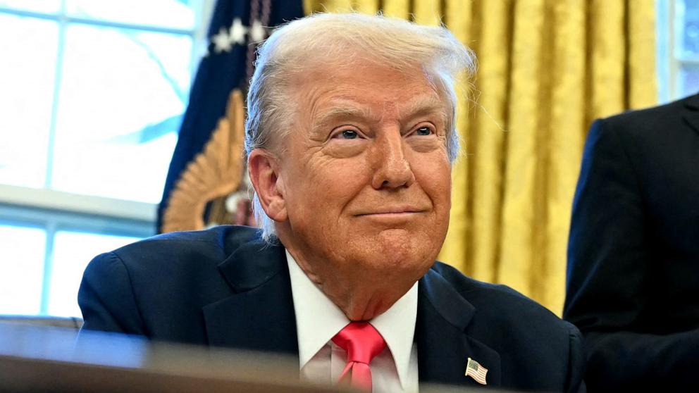 PHOTO: President Donald Trump speaks to reporters in the Oval Office, at the White House in Washington, Feb. 25, 2025.
