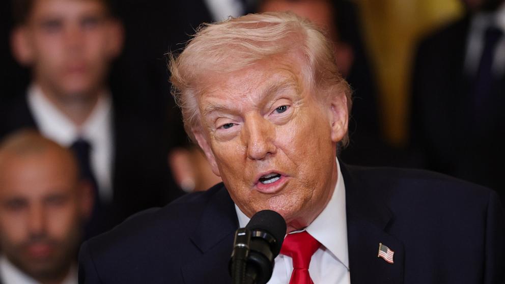 PHOTO: President Donald Trump speaks during an event celebrating the 2025 MLS Cup Champions Inter Miami CF in the East Room of the White House, March 5, 2026 in Washington.