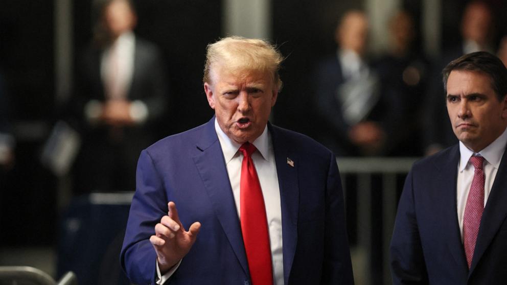 PHOTO: Former President Donald Trump speaks to the media next to his attorney Todd Blanche at Manhattan state court in New York City, May 6, 2024.