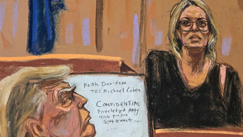 PHOTO: Former President Donald Trump watches as Stormy Daniels is questioned in Manhattan state court in New York City, May 7, 2024, in this courtroom sketch.