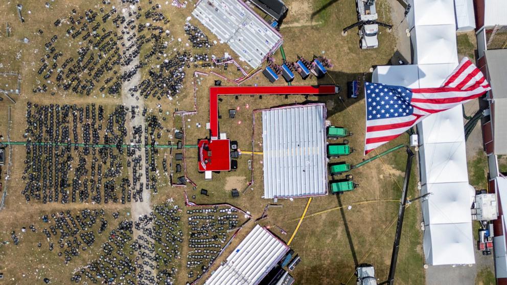 PHOTO: A drone view during the police investigation into gunfire at a campaign rally of Republican presidential candidate and former President Donald Trump in Butler, Pennsylvania, July 14, 2024. 