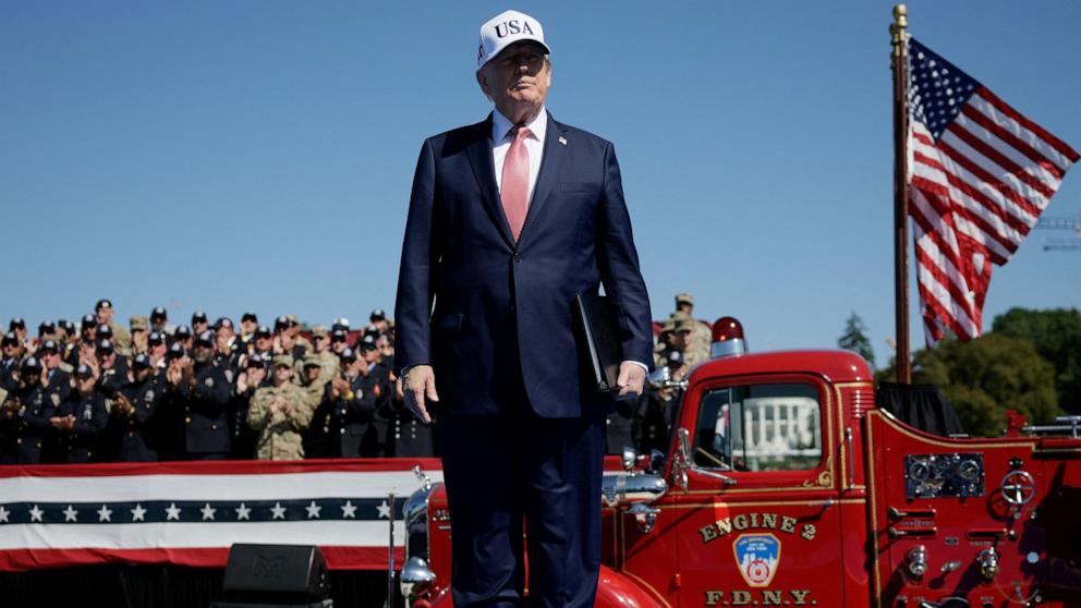 PHOTO: President Donald Trump participates in a Steel Across America event featuring a 21-foot steel beam recovered from the World Trade Centre South Tower, on the Ellipse near the White House in Washington, September 8, 2026.