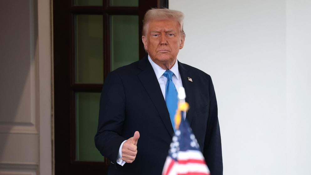 PHOTO: President Donald Trump gives a thumbs-up as Jordan's King Abdullah II departs the White House, Feb. 11, 2025 in Washington.