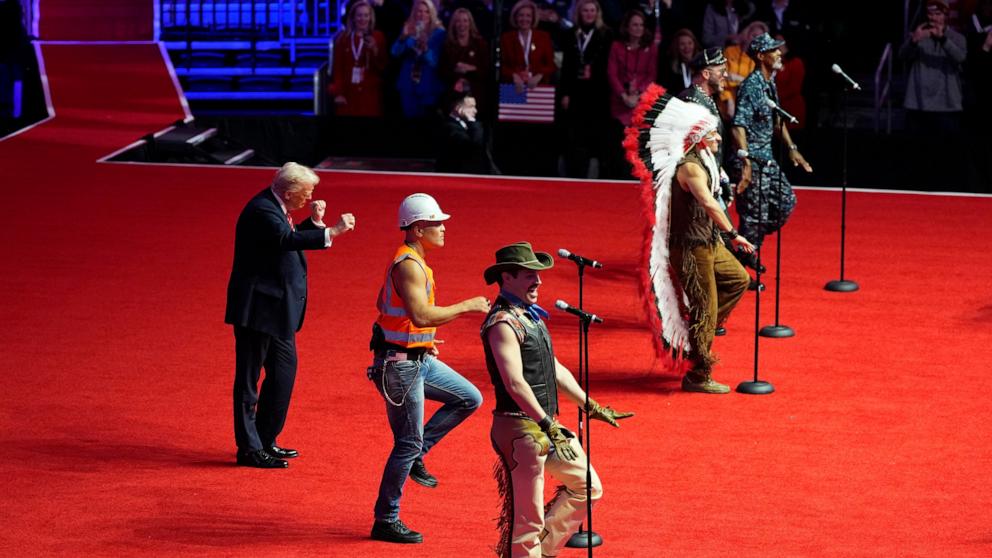 PHOTO: Members of the Village People, with President-elect Donald Trump, left, perform "Y.M.C.A" at a rally ahead of the 60th Presidential Inauguration, Jan. 19, 2025, in Washington. 