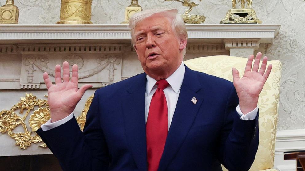 PHOTO: President Donald Trump speaks during a meeting with Israeli Prime Minister Benjamin Netanyahu (not pictured) in the Oval Office at the White House in Washington, April 7, 2025. 