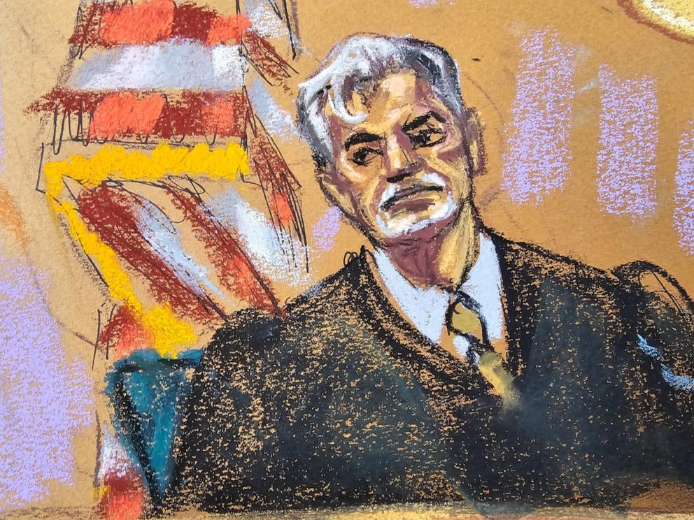 PHOTO: Justice Juan Merchan presides as defense lawyer Todd Blanche presents closing arguments during former President Donald Trump's criminal trial in Manhattan state court in New York City, May 28, 2024, in this courtroom sketch. 