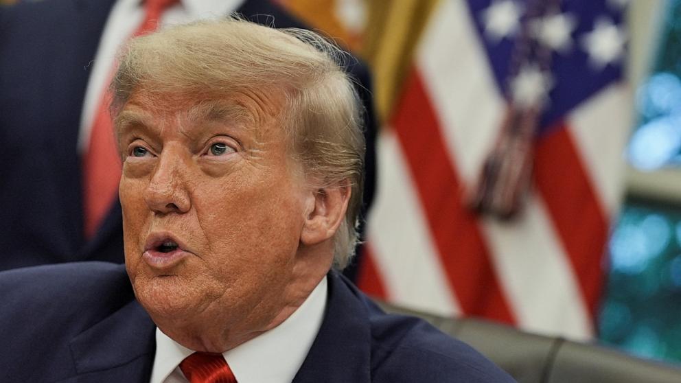 PHOTO: President Donald Trump speaks during a meeting with Democratic Republic of the Congo's Foreign Minister Therese Kayikwamba Wagner  and Rwanda's Foreign Minister Olivier Nduhungirehe at the White House in Washington, June 27, 2025.
