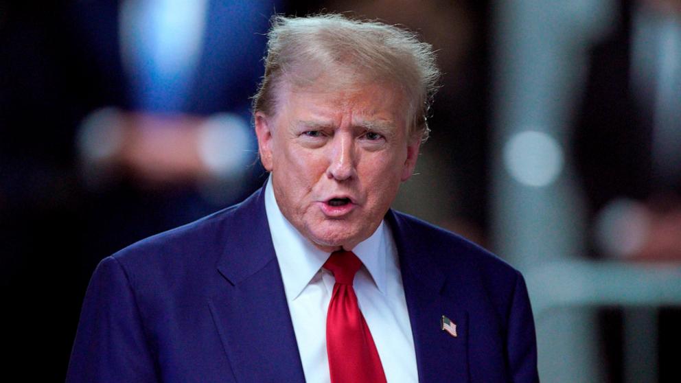 PHOTO: Former President Donald Trump speaks to the press before departing for the day at his trial at Manhattan Criminal Court in New York City, Apr. 30, 2024. 