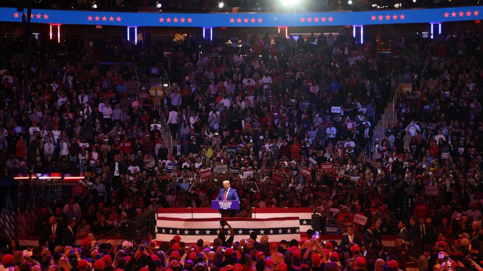 PHOTO: Former President and Republican presidential candidate Donald Trump speaks during a rally at Madison Square Garden in New York, New York City, Oct. 27, 2024.
