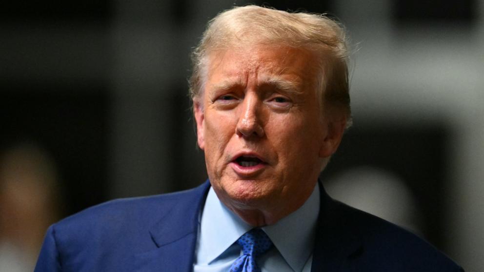 PHOTO: Former President Donald Trump speaks to the press at the end of the day of his trial for allegedly covering up hush money payments linked to extramarital affairs, at Manhattan Criminal Court in New York City, May 9, 2024.