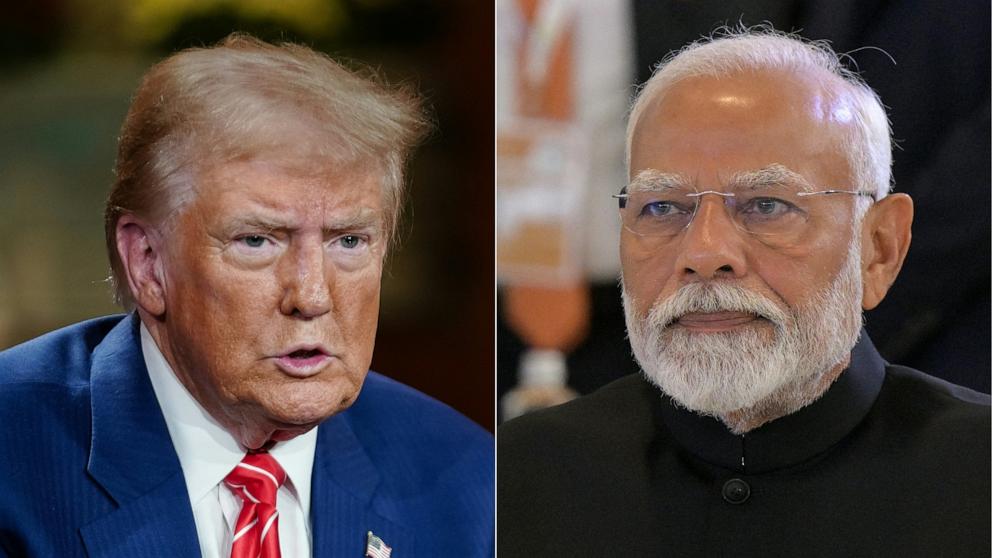 PHOTO: This combination of picture shows former President and Republican presidential candidate Donald Trump, Nov. 7, 2024 and Indian Prime Minister Narendra Modi, Oct. 15, 2024.