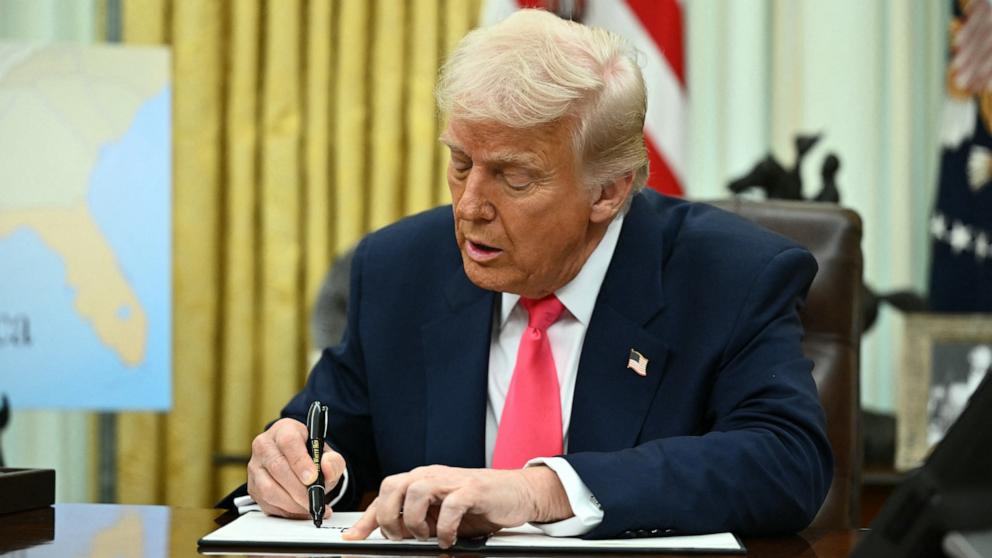 PHOTO: President Donald Trump signs an executive order in the Oval Office of the White House in Washington, Mar. 6, 2025. 