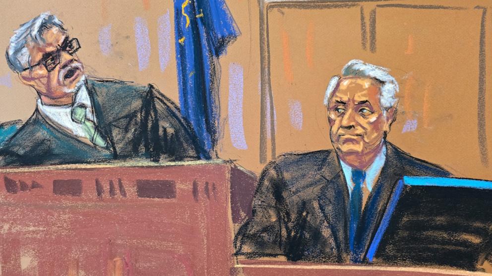 PHOTO: Justice Juan Merchan scolds witness Robert Costello as he momentarily clears the courtroom during former U.S. President Donald Trump's criminal trial in Manhattan state court in New York City, May 20, 2024, in this courtroom sketch. 