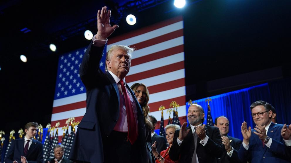 PHOTO: Republican presidential nominee former President Donald Trump and former first lady Melania Trump depart the stage at an election night watch party, Nov. 6, 2024, in West Palm Beach, Fla.