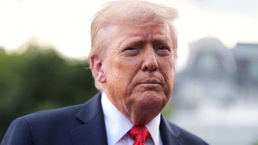 PHOTO: President Donald Trump speaks with reporters before boarding Marine One on the South Lawn of the White House, Sept. 11, 2025, in Washington. 