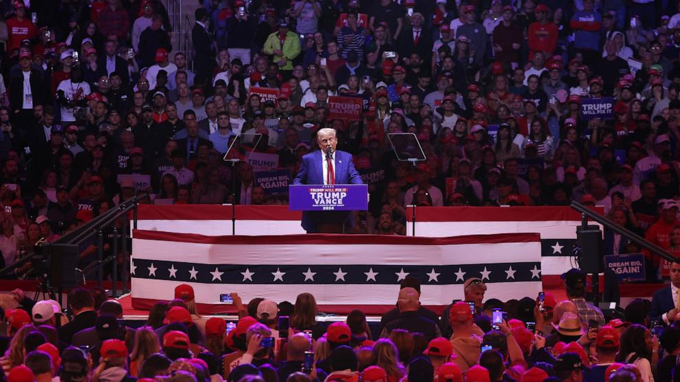 PHOTO: Former President and Republican presidential candidate Donald Trump speaks during a rally at Madison Square Garden in New York, New York City, Oct. 27, 2024.