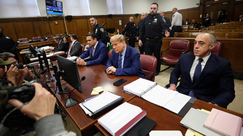 PHOTO: Former President Donald Trump attends jury selection with his attorneys Todd Blanche (L) and Emil Bove on the second day of his trial at Manhattan Criminal Court, Apr. 16, 2024, in New York City.