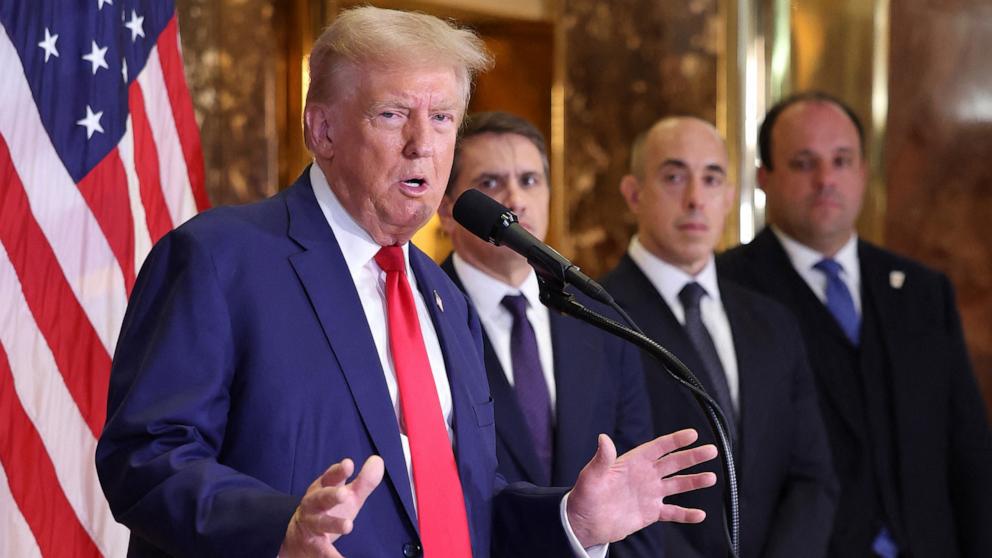 PHOTO: Former President and Republican presidential candidate Donald Trump speaks during a press conference at Trump Tower in New York City, Sept. 6, 2024.