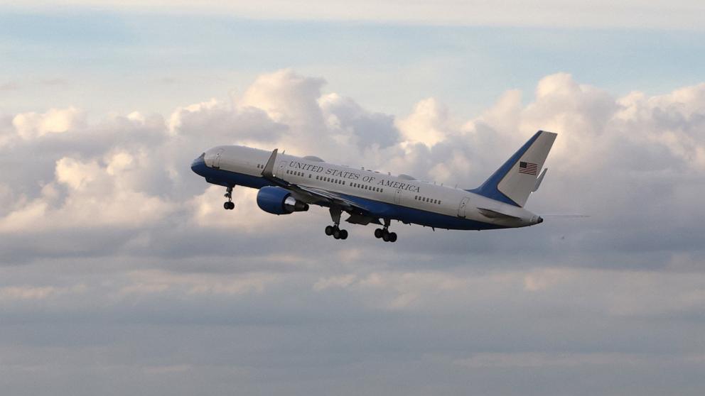 PHOTO: A U.S. government airplane carrying President-elect Donald Trump takes off from Palm Beach International Airport in West Palm Beach, Florida, Jan. 18, 2025. 