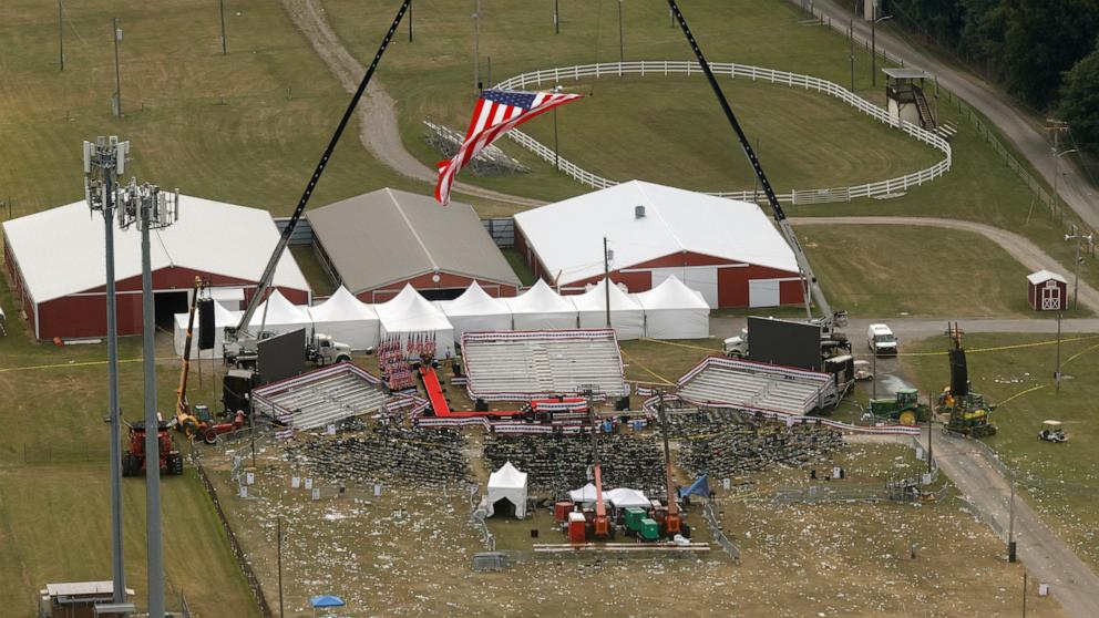 PHOTO: An aerial view shows the site during the police investigation into gunfire at a campaign rally of Republican presidential candidate and former President Donald Trump, in Butler, Pa., July 14, 2024. 