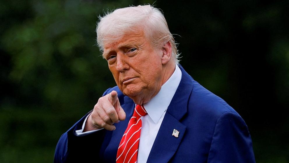 PHOTO: President Donald Trump gestures, as he departs for Pennsylvania, on the South Lawn of the White House in Washington, May 30, 2025.