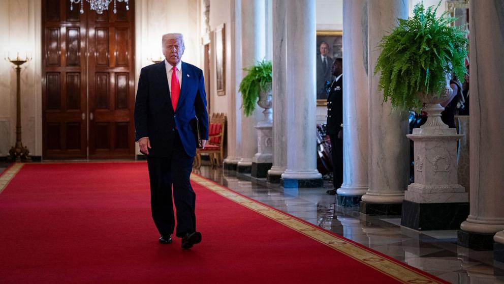 PHOTO: President Donald Trump arrives for an executive order signing ceremony in the East Room of the White House in Washington, April 8, 2025.