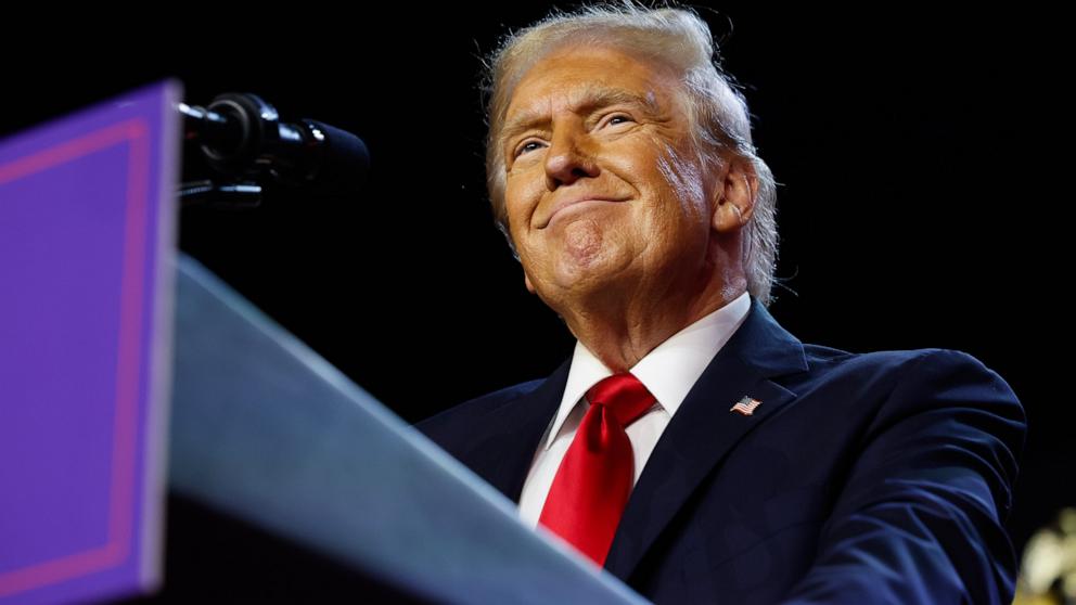 PHOTO: Republican presidential nominee, former U.S. President Donald Trump arrives to speak during an election night event, Nov. 6, 2024, in West Palm Beach, Florida. 