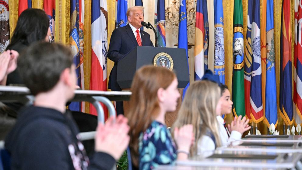 PHOTO: President Donald Trump speaks during an Education event and signs executive orders in the East Room of the White House in Washington, Mar. 20, 2025.