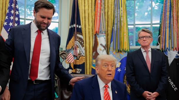 President Donald Trump along with Vice President JD Vance and Peter Mandelson, British Ambassador to the United States, address reporters in the Oval Office at the White House, May 8, 2025 in Washington.
