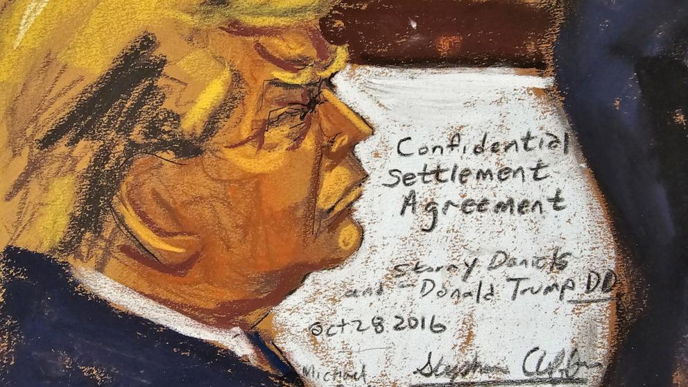 PHOTO: Former President Donald Trump watches as Michael Cohen is questioned by prosecutor Susan Hoffinger during Trump's criminal trial in Manhattan state court in New York City, May 13, 2024, in this courtroom sketch.